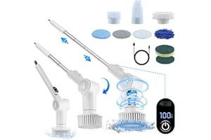 CIRCLIO Brosse Electrique Nettoyage, 3 Vitesses Brosse Nettoyage Electrique Rotative sans Fil avec 8 Têtes de Brosse, 6 Angles Rotation, Electric Spin Scrubber avec Poignée Réglable pour Sol Carrelé, Salle