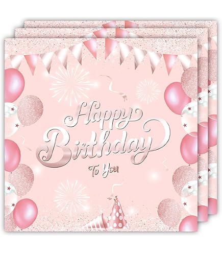 20 Serviettes Happy Birthday Rose Pailleté - 33x33 Cm - Pour Un Anniversaire Girly