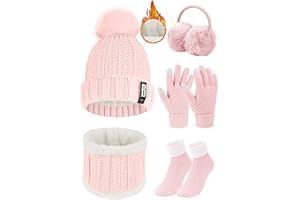 Voqeen 5 Pezzi Donne Sci Inverno Gita Set Magliere Cappello Sciarpa Touch Screen Guanti Paraorecchie Calze per Sport all'aperto Jogging Sci Escursionismo