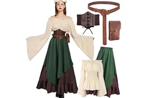 KASAHARA 5pcs Mittelalter Kleidung Damen Set, Retro Off Shoulder Bluse Kleid Renaissance Kostüm Victorian Bekleidung Maxi Dressm mit Corsett, Gürteltasche, Gürtel, Karneval Faschingskostüm