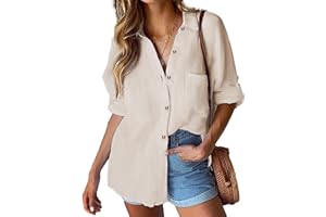 Hotouch Damska koszula na czas wolny, bluzka z bawełny, z długim rękawem, elegancka bluzka koszulowa z guzikami, dekolt w serek, na co dzień, do pracy