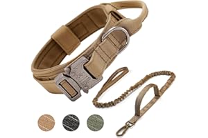 Ledeak Tactical Dog Collar, Padded Breathable Soft Nylon Pet Collar with Heavy-Duty Metal Buckle, Adjustable Basic Military Dog Collar with Handle for Medium Large Dogs (Dog Collar+Dog Leash Brown, M)