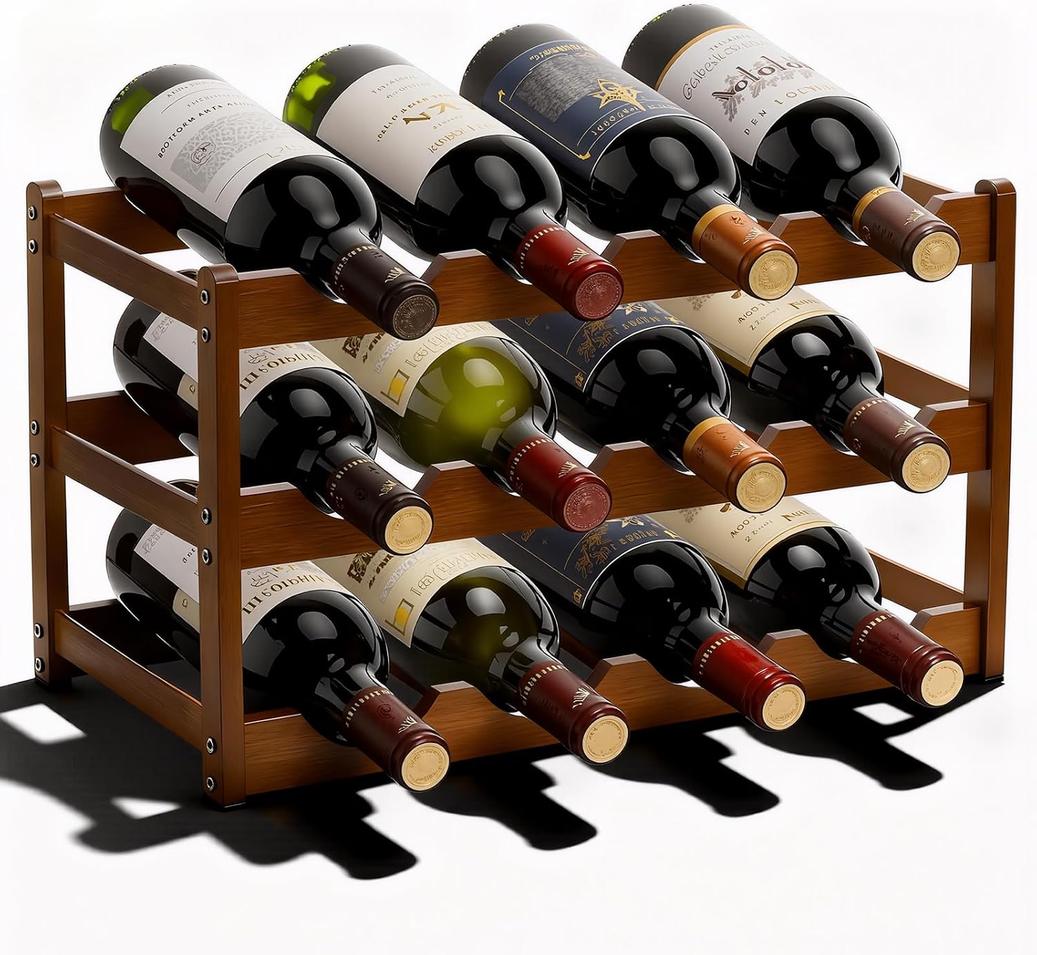Fentar Vinoteca 12 Botellas, Botellero Vino de 3 Niveles, Botellero Apilable Estable, Botelleros Madera Estrechos para Cocina Bar Cellar (43 x 23,5 x 25cm)