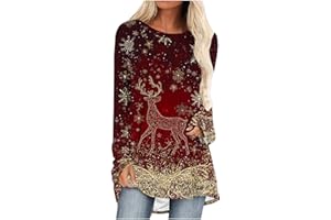 JIANGML Womens Christmas Long Sweatshirt Sparkling Reindeer Snowflakes Printed Jumper, Women's Elegant Pullover Xmas Ethnic Style Graphic Blouse Raglan Sleeve Tops Christmas Party Pullovers Plus Size