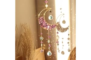Cnwinu Crystal Suncatcher, Gold Moon Catchers Hanging with Chain Pendant Ornament, Rainbow Sunlight Deco, Wind Chimes for Window Bedroom Car Home Garden Party Decorations (Hourglass Moon Purple)
