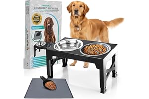 NOVARKA® | Comedero Perro Elevado con 5 Alturas | Bebedero de Acero Inoxidable y Comedero Perro Antivoracidad | KIT PREMIUM con Alfombra Antideslizante y Pala Pienso EXTRAS | Ideal para Casa o Terraza