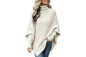 Polotröja kabelstickad poncho tröja, överdimensionerad fladdermusvinge | Tjock stickad textur, fladdermusärmar, ribbade manschetter, asymmetrisk fåll, mysiga vinterkläder