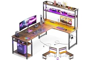 ODK Biurko gamingowe z diodami LED, dwustronne biurko w kształcie litery L z listwą zasilającą, narożne biurko z półką na zabawkowe figurki, brązowe vintage, 150 x 120 cm