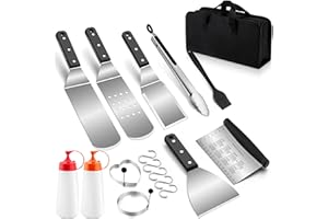 Homikit Grillspachtel Set, 17-teilig Edelstahl Flachkopf Pfannenwender Grillbesteck mit Tragetasche, Grillwender Grillschaber Teigschaber zum Grillen im Freien, Grillen, Teppanyaki, Camping