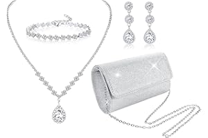 JeryWe 4Pcs Sliver Clutch Purse Jewelry Set for Women Evening Rhinestone Purse Crystal Necklace Earrings Bracelets Set Silver Accessories for Women Bride Wedding Jewellery