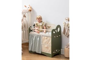 ROBOTIME Mobiletto per Culla in Legno da 22" con Ripostiglio - Verde e Beige per Accessori, Vestiti e Biancheria della Bambola - Mobili per Bambole, Regalo Perfetto dai 3 Anni