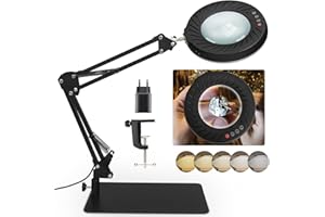 RealPlus 10X Lente Ingrandimento con Luce [Con Base e Clip], Lampada con Lente di Ingrandimento, Braccio Telescopico, 5 Colore, 10 Luminosità, Ideale per Lavori di Precisione, Riparazione, Lettura