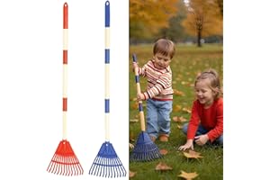 KTCINA 2Pcs Kids Rakes For Leaves, 33.8" Adjustable Lawn Rake Garden Rake with Detachable Wood Handles Kids Garden Tool Set Toy Gifts for Boys And Girls Camping Flower Beds Mulch Shrub(Style1)