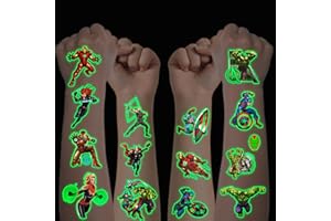 HXLEUCRY Tattoo Kinder, 12 Blätter Leuchtendes Marvel Avengers Temporäre Tattoo Set für Jungen Mädchen Kindertattoos Wasserdicht für Geburtstagsgeschenke Kindergeburtstag Mitgebsel Festival Party Deko