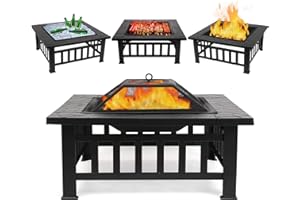 HIRIX Hortus Large 3 in 1 Fire Pit with BBQ Grill Shelf, Outdoor Metal Brazier Square Table Firepit Garden Patio Heater/BBQ/Ice Pit