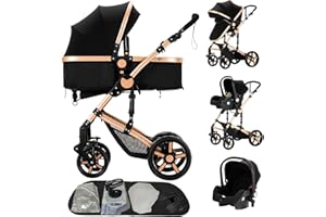 Doraystar Carro Bebe 3 Piezas, Carrito Bebe 3 en 1 con Dos Modos de Empuje Reversibles, Cochecito Tres Piezas con Capazo Grande Cómodo, Carricoche Tres Alto Paisaje (588 Black Gold)