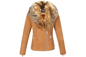 BELLIVERA Giubbotto Corto da Motociclista in Pelle Scamosciata da Donna Capispalla Foderato in Sherpa con Collo in Pelliccia Rimovibile