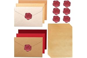 ZORVYN 20 Pezzi Set di Carta da Lettera Vintage con 6 Buste in Lino e Sigilli in Cera, Buste in Carta Kraft, per Compleanni, Inviti di Matrimonio, Biglietti di Auguri (A5)
