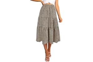 MEROKEETY Women's Boho Leopard Print Skirt Pleated A-Line Swing Midi Skirts