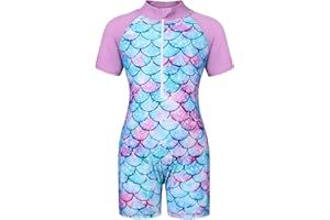 AmzBarley Swimming Costume Girls Swimsuit Kids One-Piece Rash Guard Little Child Mermaid Swimwear Short Sleeve Swimsuits