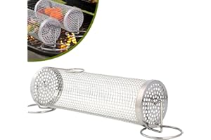 DYBOHF Griglia per Barbecue Acciaio Inox, Cestello Cilindrico per Barbecue con Supporto, Cestello Della Griglia è Girevole, Accessori Barbecue Cesto da campeggio per Carne, Verdure, Pesce (1, 30 * 9 * 9cm)