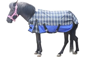 GALLOPOFF Alfombra de caballo de 600 denier, impermeable, ligera, con diseño de caballo de Shetland, alfombra de potro, alfombra de caballos en miniatura (sin relleno) a cuadros azules de 3 pies 3 pulgadas