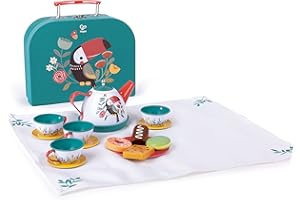 Hape - Ora del Tè | Set da gioco servizio da tè con valigetta, teiera, tazze, biscotti e telo da picnic per gioco di ruolo dai 3 anni su