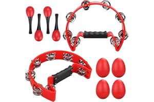 YOUNTHYE 2Pack Half Moon Tambourine Set, Single Row Tambourines for Adults with 4 Egg shakers and 4 Maraca Set, Perfect for Musicians, Singers, Music Classes, Bands