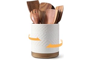 DOWAN Uchwyt na przybory kuchenne, obrotowy, ceramiczny, pojemnik na przybory kuchenne, do przechowywania przyborów kuchennych, beżowy, z reliefem, duży pojemnik na przybory kuchenne