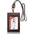 Boshiho Badge Holder Cowhide Leather ID Badge Card Holder with Neck Lanyard, Vertical Style Credit Card Holders for Office Students Business (0296-dark Brown)