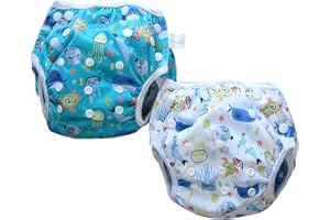 IMMACULATE TEXTILES Unisex Reusable Baby Swim Nappies - Pack of 2 - Includes Wet Bag : Fully Adjustable & Machine Washable : Suitable for Boys or Girls 0-3 Years Old (Sea Creatures)