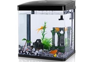 Nobleza - Acuario de Cristal 14L con Cubierta + Luces LED, Filtro Ecológico, 23x16x27.5 cm Visión Clara, Negro