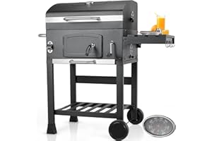 LIFERUN Barbecue Charbon de Bois XL, Grand Barbecue a Charbon avec Couvercle, BBQ Smoker avec Thermomètre et 2PCS Roues, Gril Réglable en Hauteur, Grill au Charbon de Bois pour Camping et Jardin