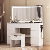 TRIUMPHKEY Vanity with Stool, Large LED Mirror Makeup Vanity | Adjustable Brightness, Makeup Table with 7 Drawers and Sockets