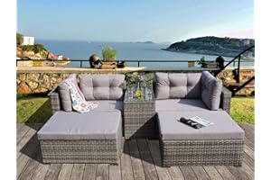 UK Leisure World RATTAN CONSERVATORY GARDEN WICKER OUTDOOR SUN LOUNGER SOFA TABLE FURNITURE SET CUBE CORNER TABLE GREY DINING (Grey)