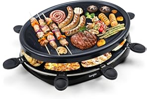 ‎HENGBO Raclette 8 Personen - Raclette Grill mit 8 Raclette Pfännchen und 2 Holzspateln Antihaftbeschichtung Thermostat Barbecue Grill Elektrische Grillpfannen für Familie - 1300W
