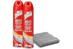 PACKPIONEER Mr Sheen Multi Surface Polish Original 250ml | Pack of 2 | With Microfibre Cloth | Furniture, Wood, Glass & Surface Polish Spray | Shiny Finish & Dust Repellent | Ideal for Home & Office Use