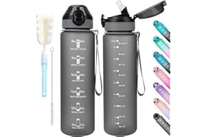 Gobravio 1L Water Bottles with Straw PCTG Motivational Sports Water Bottle with Time Markings, Leakproof, Dishwasher Safe, BPA Free Drinking Bottle for Sports, Gym, School (Grey)