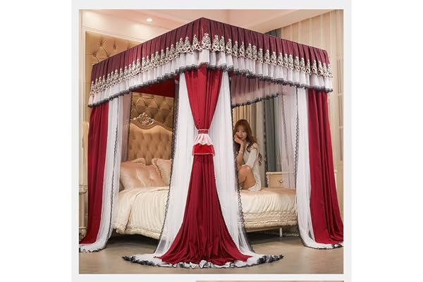 Bed Curtain Canopy Europeisk Sänghimmel Myggnät, Dubbla Lager Vindtätt Och Dammtät Fyra Säsonger Sängöverdrag Med Fäste (Color : Red, Size : 180X200cm/71X79inch)