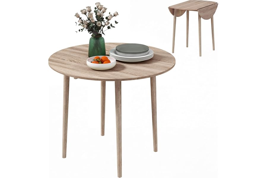 HOMCOM Folding Dining Table for 4, Round Drop Leaf Table, Modern Space Saving Small Kitchen Table with Wood Legs for Dining Room, Natural