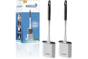 XUXRUS Silicone Toilet Brush with Quick Drying Holder Set -2Pack, Bathroom Toilet Brushes Set with No-Slip Silicone Handle & Anti-drip Base (Flooring/Wall Mounted) -White