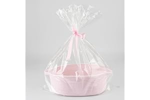 HECTICCORE Präsentkorb leer rosa, Geschenkkorb klein aus Baumwollseil, geflochtener Korb für Geschenke Baby, Osternest Korb Aufbewahrungskorb, Spielzeugkorb, Wird mit Geschenktüte und rosa Schleife geliefert