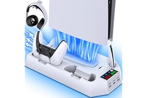 ZRZLMVP PS5/Slim/Pro Cooling Stand with Controller Charging Station for PlayStation 5 Console Disc/Digital Edition, Stand Cooler Accessories for PS5 Incl. Cooling Fan/Headset Holder/3 USB Hubs, White