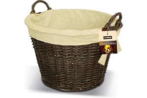 Wooden Fireside Fireplace Log Carrying Basket | De Vielle Natural Wicker Round Basket with Canvas Liner