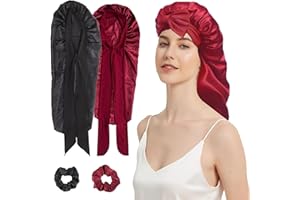Zidoley 2 Stück Seidenhaube zum Schlafen Lange Haare, Schlafhaube Seide mit Haargummi, Satin Haarhaube für Die Nacht, Verstellbare Silk Bonnet Seide, Geeignet für Langes Haar (Schwarz + Rot)