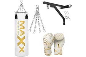 MAXX PRO BOXING GEAR MAXX Boxing Set, 4ft, 5ft Filled heavy punch bag bracket mitts hook chain, Punching bags set with 10oz gloves white gold