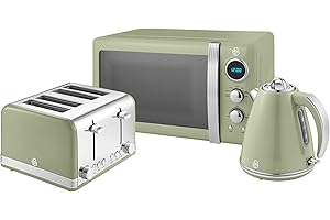 Swan Retro Kitchen Set, 1.5L Fast Boil Kettle & 4 Slice Toaster & 20L Digital Microwave, Green, SK19020GN, ST19020GN, SM22030LGN