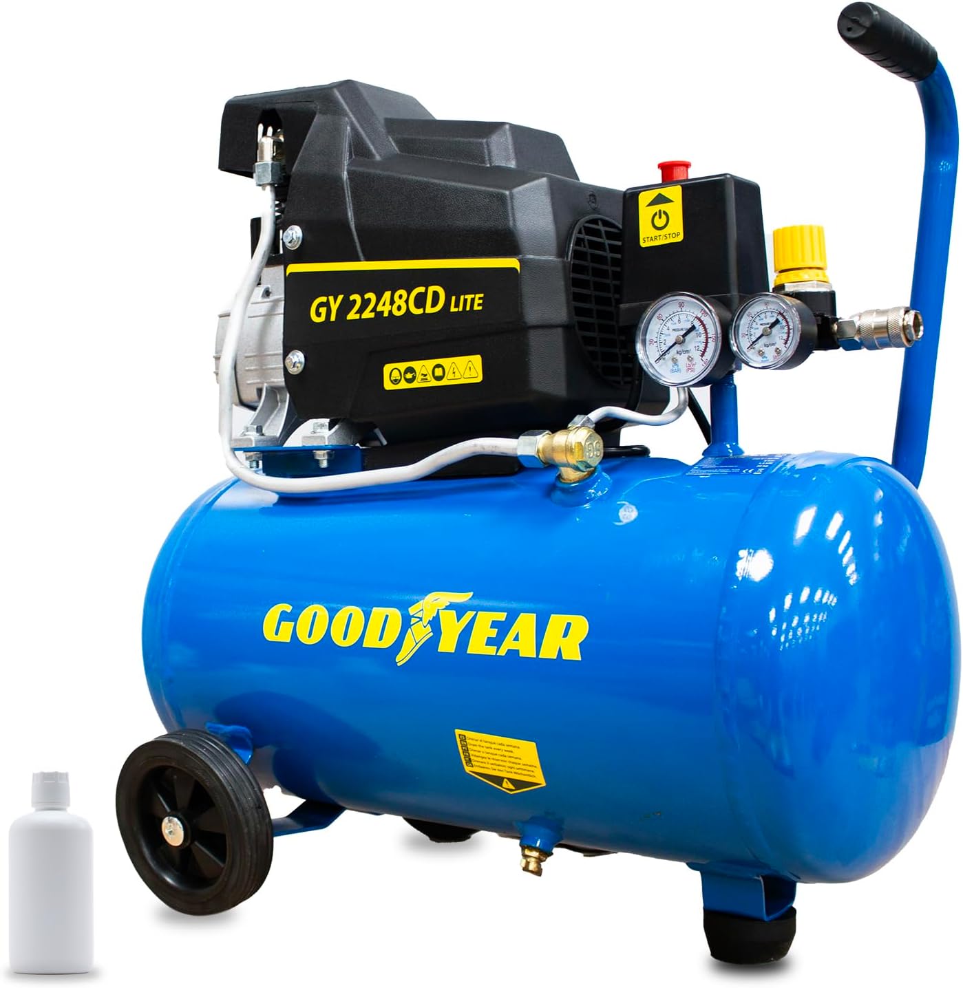 Goodyear -Compresor Eléctrico Motor de Inducción 24 Litros 2CV 230 V - 50 Hz. Compresor 165 litros/minuto Capacidad de Aspiración. 2.800 rpm. Presión Nominal 8 bares. 97 dB