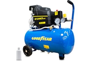 Goodyear - Compresor Eléctrico 24L Motor Inducción 2CV, 165 L/min, 8 Bares, 230V 50Hz, 2800 rpm, Bajo Mantenimiento, Silencioso 97 dB, Portátil con Ruedas y Regulador