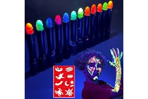 Itsfairypro 22pcs Glow Neon Face Body Paint With Stencils Water-off Bright Blacklight Glow In The Dark Skin Paint Stick for Eyeblack Halloween Rave Glow Party Supplies (12 Colors)